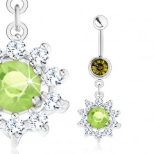 Čelični piercing za pupak, srebrna boja, cvijet - zeleni cirkon, prozirne latice