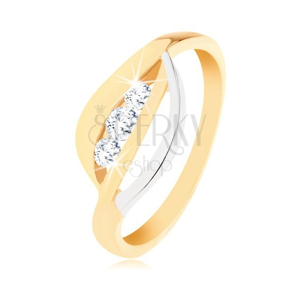 Prsten od zlata 375 - valovite linije u dvije nijanse,  tri okrugla, prozirna cirkona 