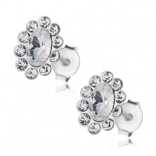 925 srebrne naušnice, ovalni cvijet i prozirni Preciosa kristali, dugmad