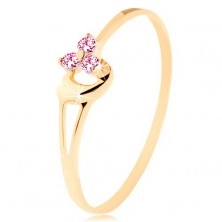 Prsten od 14K žutog zlata - tri ružičasta cirkona, nepravilno ispupčeno srce