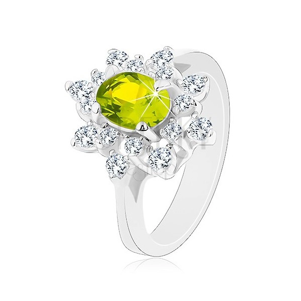 Prsten srebrne boje, sjajni zeleno-prozirni cvijet