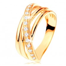 Prsten od 14K žutog zlata - tri glatke linije, kosa cirkonska linija