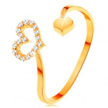 Prsten od zlata 585 - valoviti krakovi koji završavaju siluetom srca i punim srcem