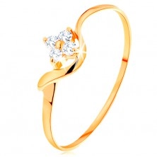 Prsten od 14K žutog zlata - proziran cirkonski cvijet, valoviti krak
