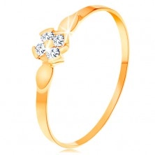 Prsten od 14K žutog zlata - cvijet od četiri prozirna cirkona, sjajni listovi