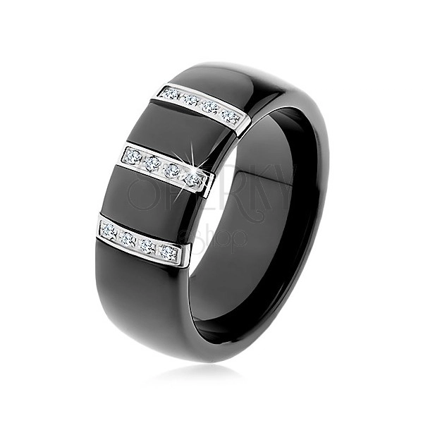 Crni keramički prsten s glatkom površinom, tri čelične pruge sa cirkonima