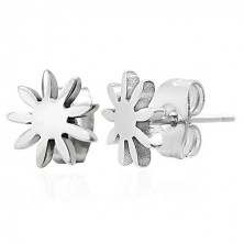 Čelične naušnice srebrne boje - sjajni cvijet, iglica s leptir osiguračem