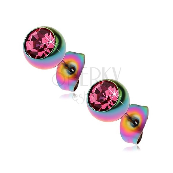 Čelične naušnice, loptice duginih boja sa ružičastim cirkonom, 7 mm