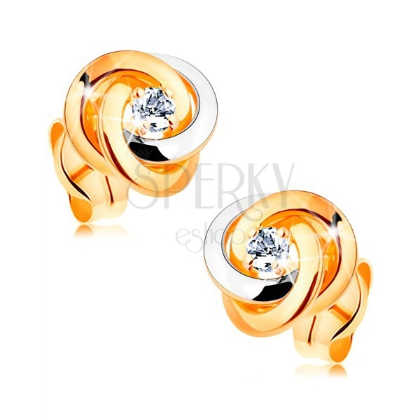 14 - karatne zlatne naušnice - dvobojni čvor izrađen od tri obruča, okrugli prozirni cirkon u sredini