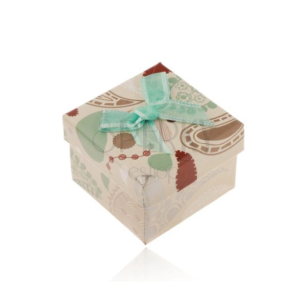 Kutija za prsten, privjesak i naušnice, bež s uzorkom u boji, tirkizna mašna