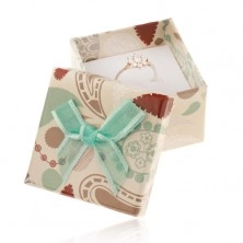Kutija za prsten, privjesak i naušnice, bež s uzorkom u boji, tirkizna mašna