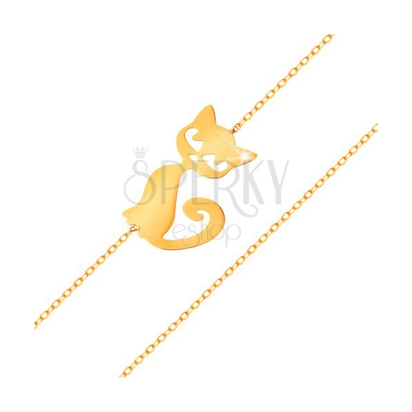 585 zlatna narukvica - tanki sjajni lančić, plosnati privjesak - mačka