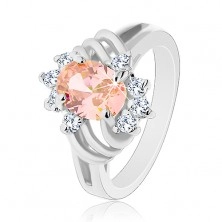 Sjajni prsten srebrne boje, veliki oval u boji, tanki lukovi i prozirni cirkoni