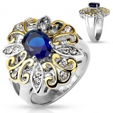Masivan prsten izrađen od 316L čelika, veliki dvobojni cvijet, tamno plavi ovalni cirkon