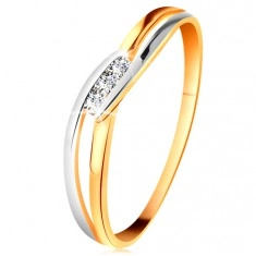Dijamantni prsten od 14K zlata, tri prozirna brilijanta, razdvojeni valoviti krakovi