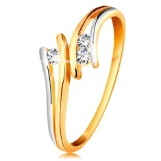 Dijamantni 585 zlatni prsten, tri svjetlucava prozirna brilijanta, razdvojeni dvobojni krakovi