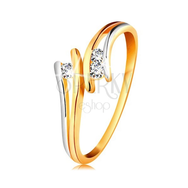 Dijamantni 585 zlatni prsten, tri svjetlucava prozirna brilijanta, razdvojeni dvobojni krakovi