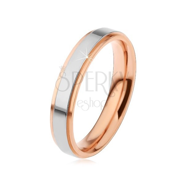 Sjajni čelični vjenčani prsten, uzdignuta pruga srebrne boje i bakreni rubovi, 4 mm