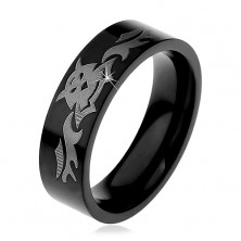Čelični prsten, sjajna crna površina sa motivima šišmiša, 6 mm