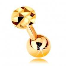 14K zlatni piercing za uho - sjajna ravna šipkica sa lopticom i svjetlucavim krugom, 5 mm