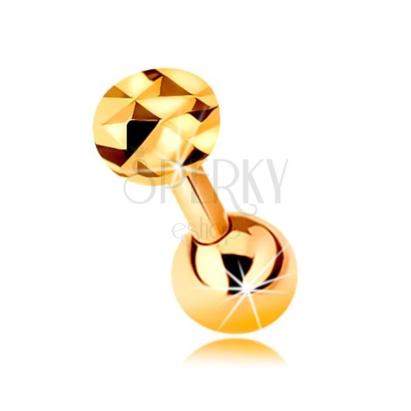 14K zlatni piercing za uho - sjajna ravna šipkica sa lopticom i svjetlucavim krugom, 5 mm