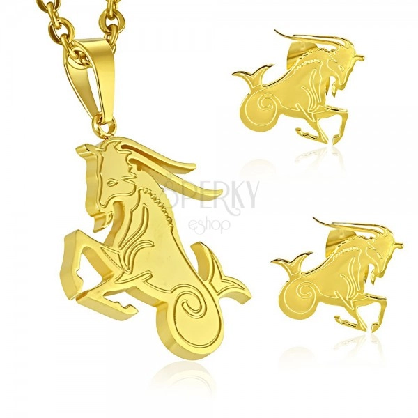 Set od nehrđajućeg čelika zlatne boje, privjesak i naušnice, znak zodijaka JARAC