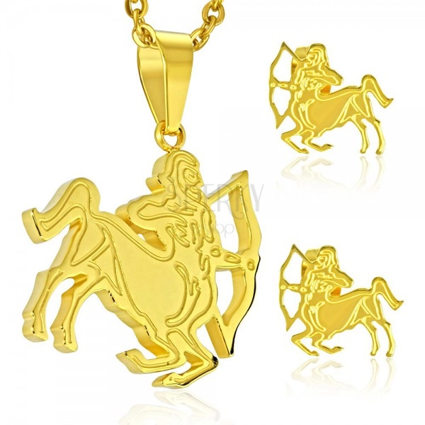 Čelični set zlatne boje, naušnice i privjesak, znak zodijaka STRIJELAC
