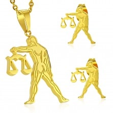 Čelični set zlatne boje - privjesak i dugme naušnice, znak zodijaka VAGA