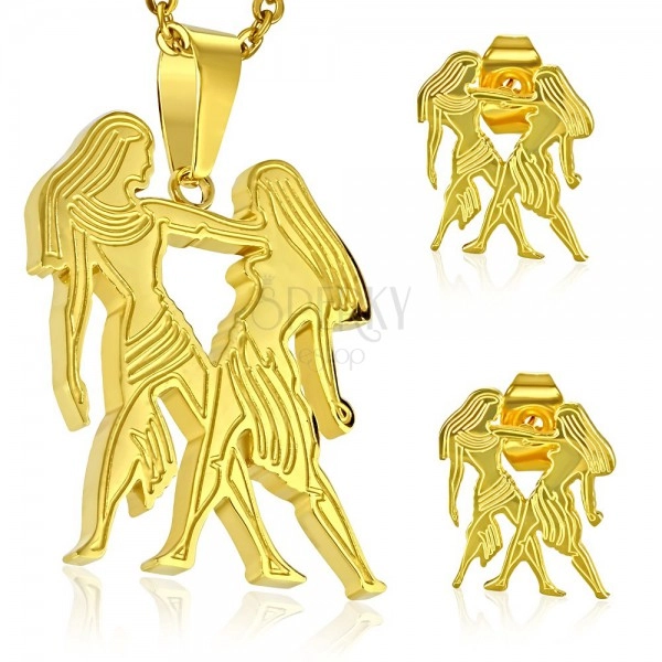 Set od nehrđajućeg čelika zlatne boje, privjesak i naušnice, znak zodijaka BLIZANCI
