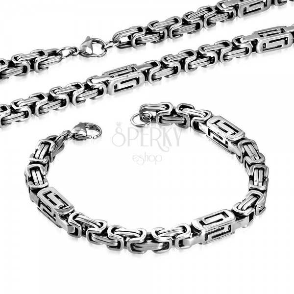 Set od nehrđajućeg čelika - ogrlica i narukvica srebrne boje, kvadrati sa prorezima
