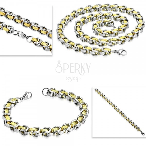 Set od nehrđajućeg čelika - ogrlica i narukvica, dvobojne karike, grčki ključ