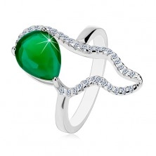 925 srebrni prsten - veliki zeleni cirkon u obliku suze, prozirna asimetrična silueta
