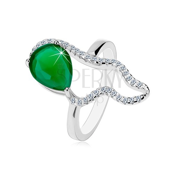 925 srebrni prsten - veliki zeleni cirkon u obliku suze, prozirna asimetrična silueta