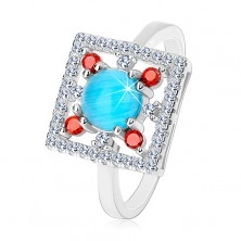 Prsten od 925 srebra, prozirni cirkonski kvadrat, svijetlo plavi krug u sredini