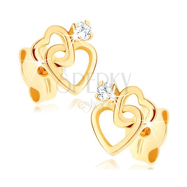 Naušnice od žutog 14 karatnog zlata - spojene siluete srca, prozirni dijamant