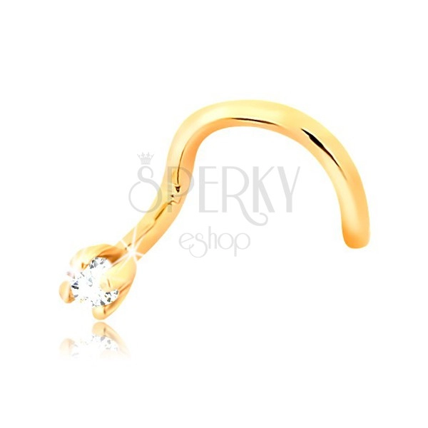 Savijeni piercing za nos od žutog 14 karatnog zlata - sjajni prozirni dijamant, 1,5 mm