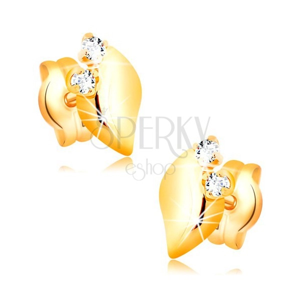 Dijamantne naušnice od žutog 14 karatnog zlata - dva prozirna brilijanta, sjajni list