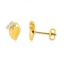 Dijamantne naušnice od žutog 14 karatnog zlata - dva prozirna brilijanta, sjajni list