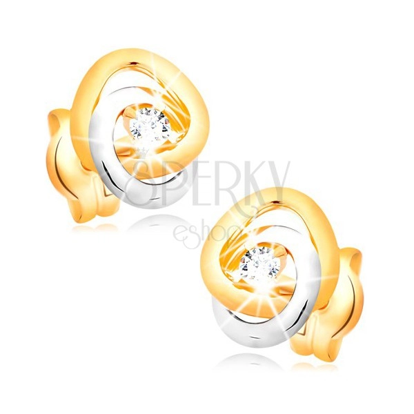 14 karatne zlatne naušnice - dvobojni spojeni obruči, svjetlucavi prozirni brilijant