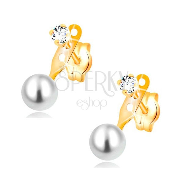 Naušnice od žutog 14 karatnog zlata, prozirni cirkon i okrugli bijeli biser, dugmad