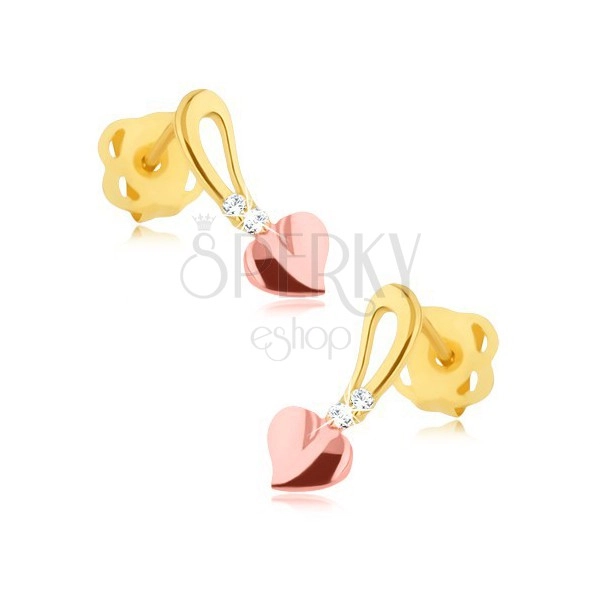 Brilijantne naušnice - 14K žuto i ružičasto zlato, srce na stabljici, dijamanti