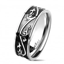 Prsten od nehrđajućeg čelika srebrne boje, crna traka ukrašena sa ornamentom, 7 mm