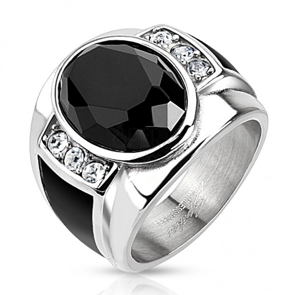 Čelični prsten sa crnim brušenikm ovalom, prozirni cirkoni i crne pruge