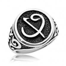 Prsten od nehrđajućeg čelika - crni pečat sa simbolom, ornamenti na krakovima