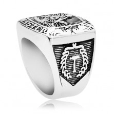 Prsten od nehrđajućeg čelika, simboli slobodnih zidara i natpis, crna patina