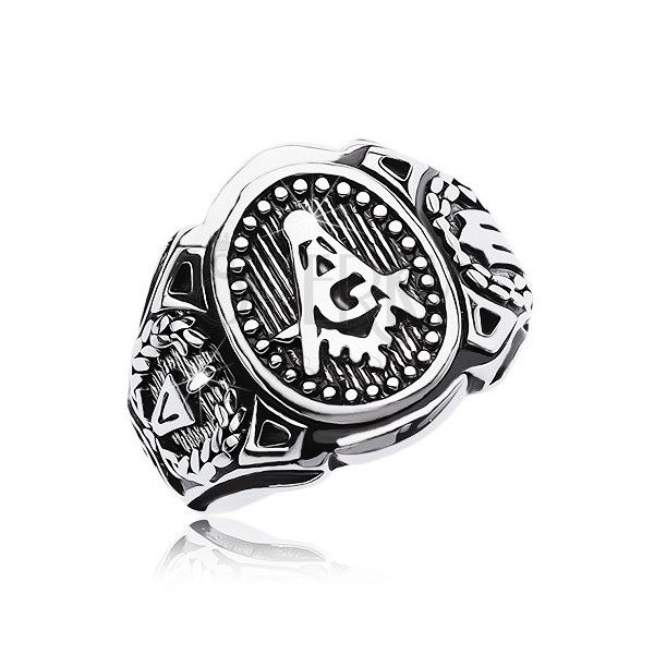 Prsten od nehrđajućeg čelika, veliki oval i simboli slobodnih zidara