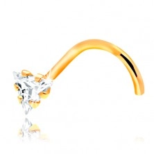 Savijeni piercing za nos - žuto 14K zlato, prozirni cirkonski krug