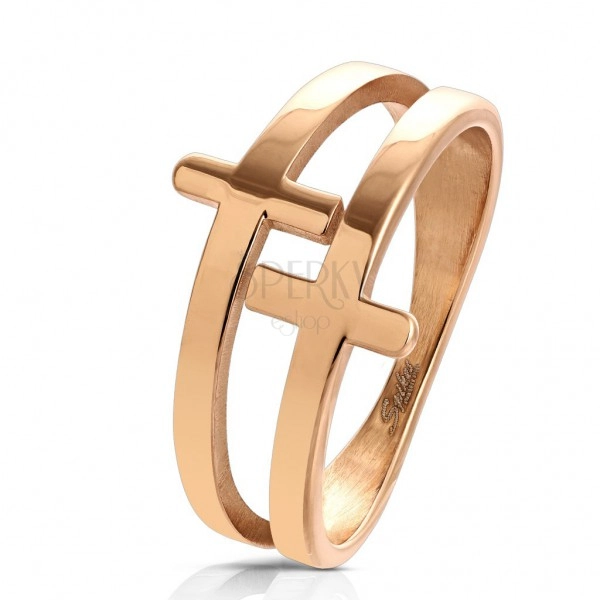 Prsten od nehrđajućeg čelika bakrene boje, sjajni dvostruki križ