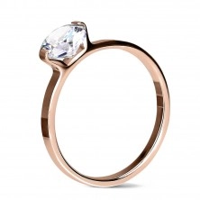 Čelični zaručnički prsten bakrene boje, okrugli prozirni cirkon, sjajni krakovi