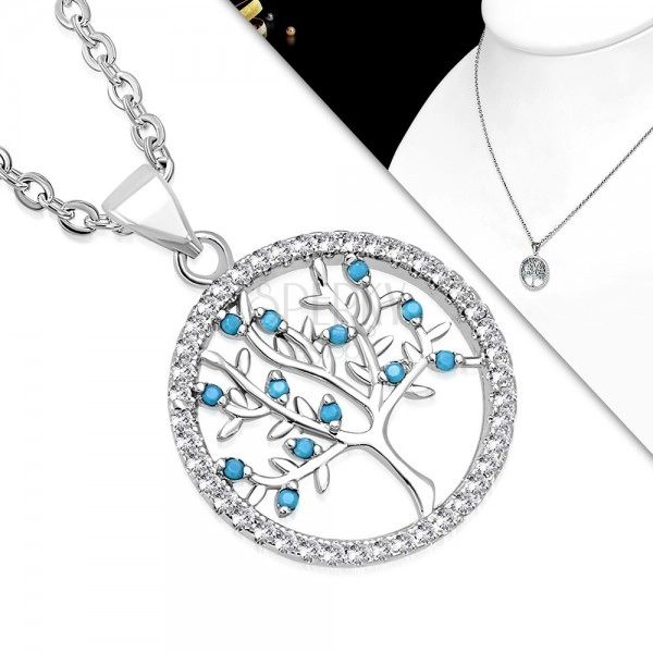 Ogrlica od 316L čelika, prozirni krug i drvo života sa plavim lopticama